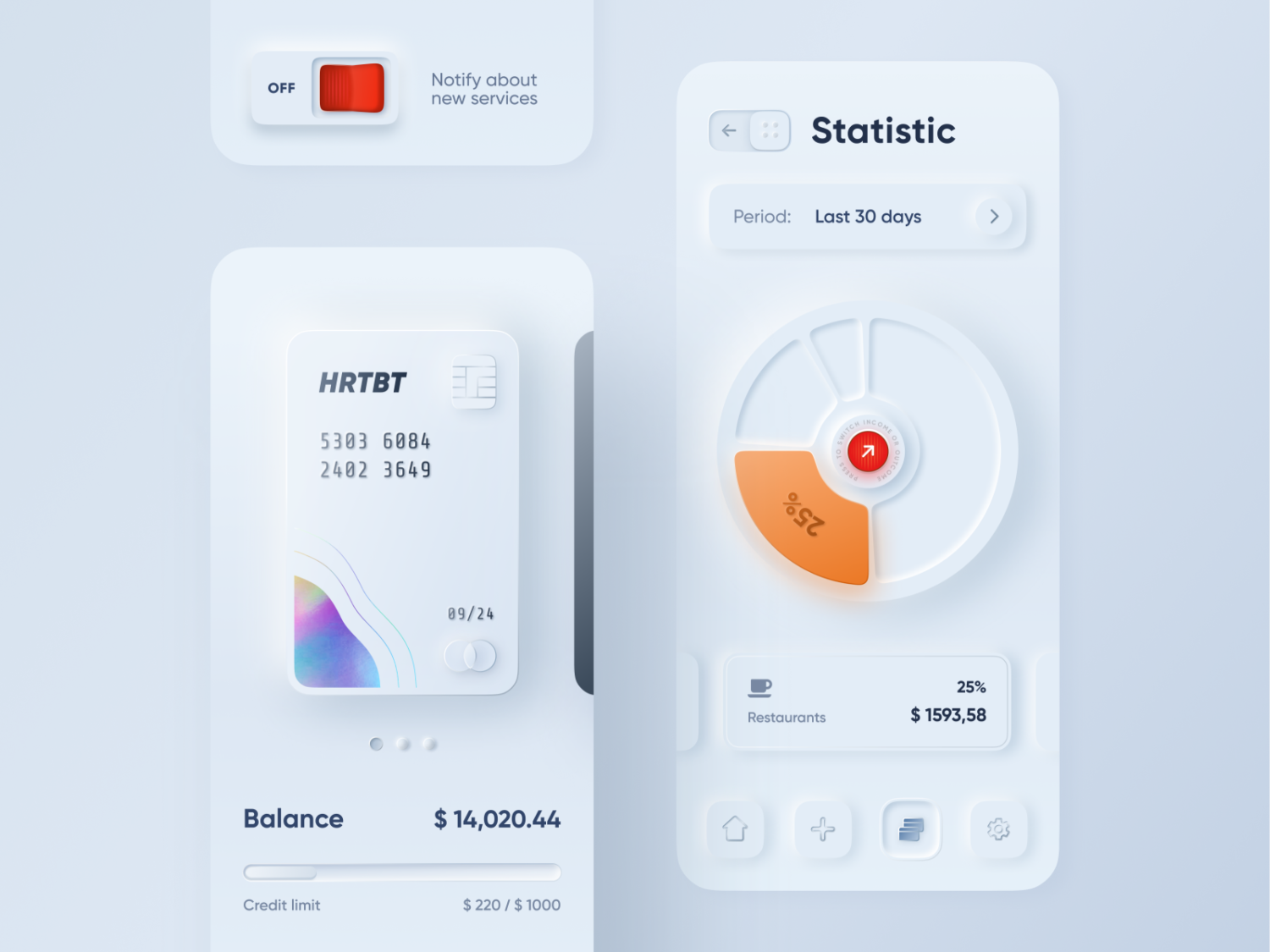 Neumorphisme de Alexander plyut Prototype de Alexander Plyut intitulé Skeuomorph Mobile Banking pour Heartbeat Agency