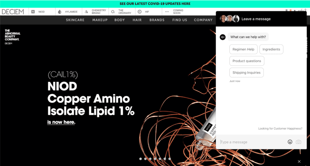 Chat avec des conseillers magasins sur le site de Deciem