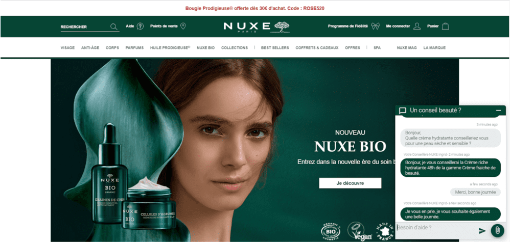 Chat avec une conseillère beauté sur le site de Nuxe