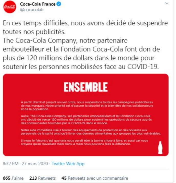 Publication Coca-Cola sur Reseaux Sociaux Twitter du 27 mars 2020