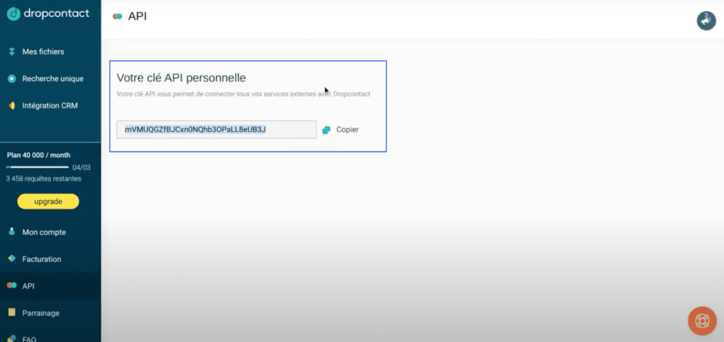 copier la clé API du vérificateur d'adresse e-mail DROPCONTACT