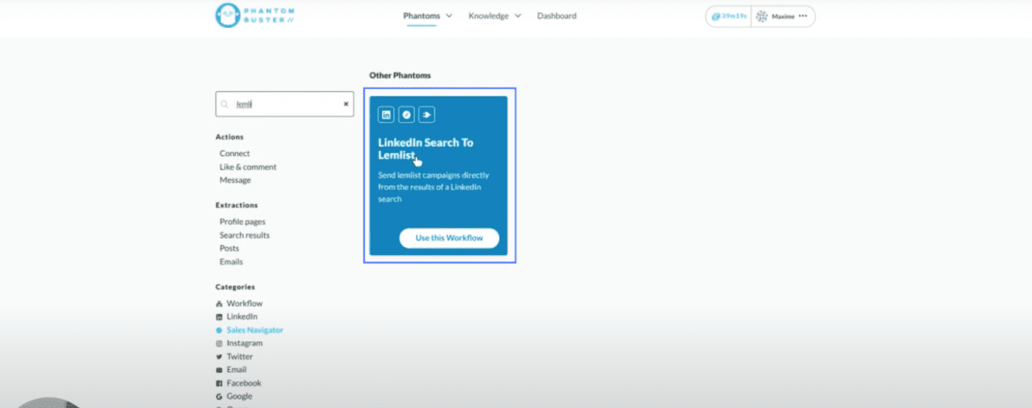 Choix du phantom linkedin search to Lemlist