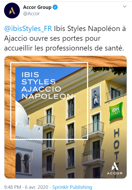 Tweet groupe Accor 6 avril 2020 sur Reseaux Sociaux