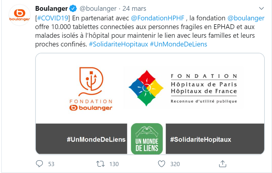 Tweet Boulanger 24 mars 2020 sur Reseaux Sociaux