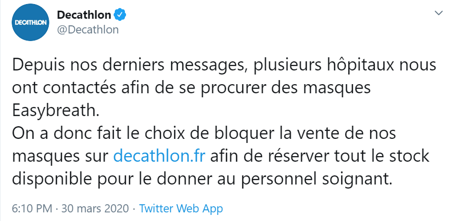 Tweet Decathlon 30 mars 2020 sur Reseaux Sociaux