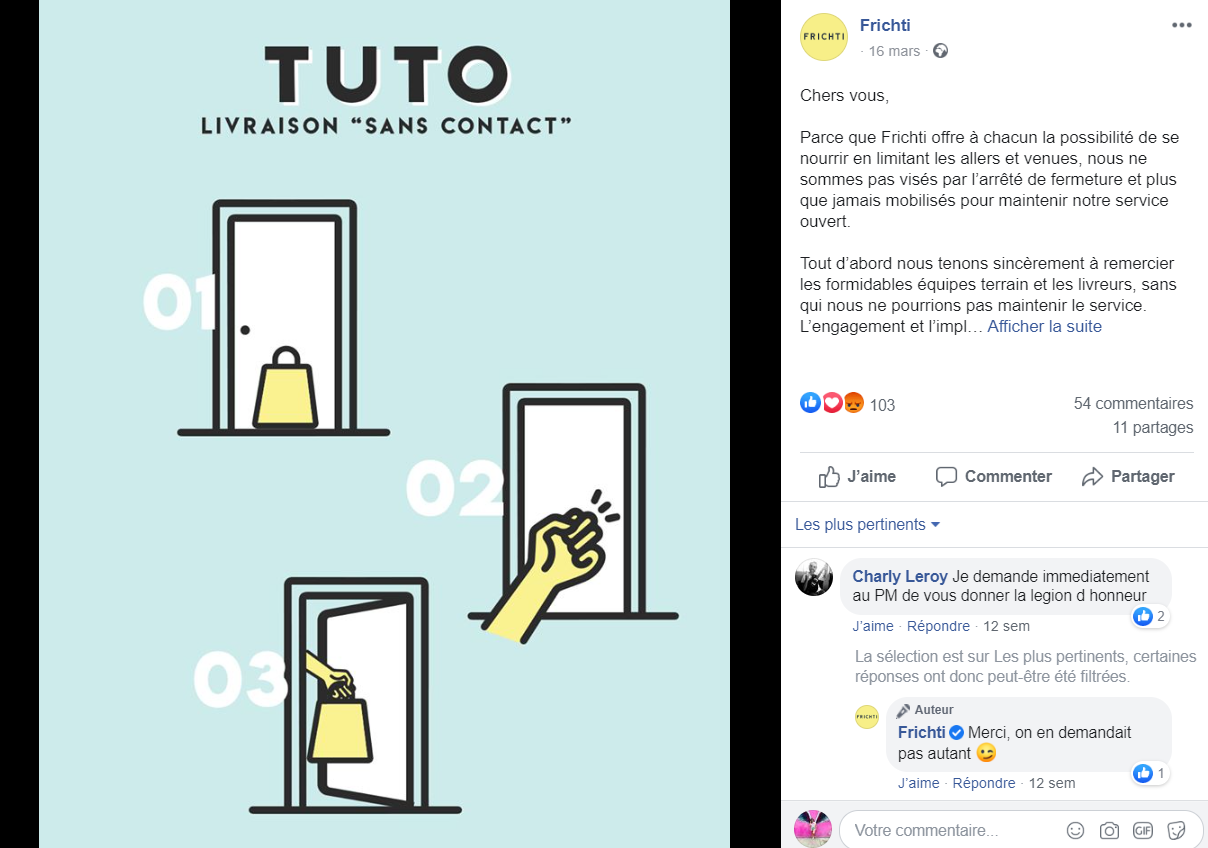 Publication Frichti du 16 mars sur Facebook
