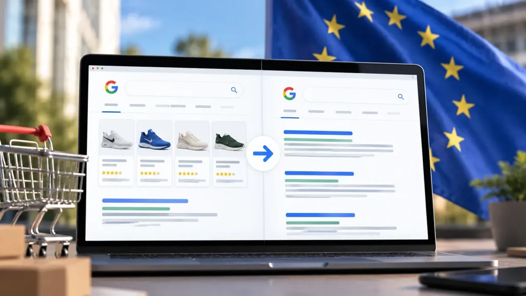 Comparaison des résultats Google Shopping avant et après la disparition des carrousels produits gratuits en Europe