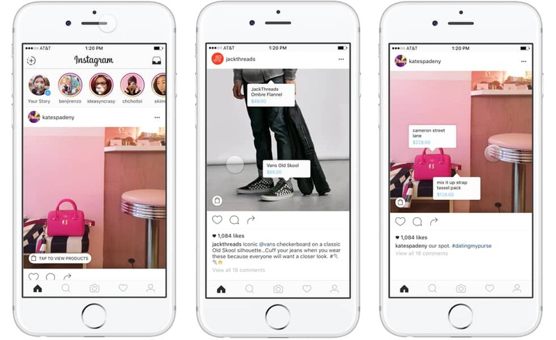 Illustration de l'interface d'Instagram Shopping.
Nous pouvons y voir les identifications des produits directement sur les posts Instagram. On y retrouver le nom des produit ainsi que le prix