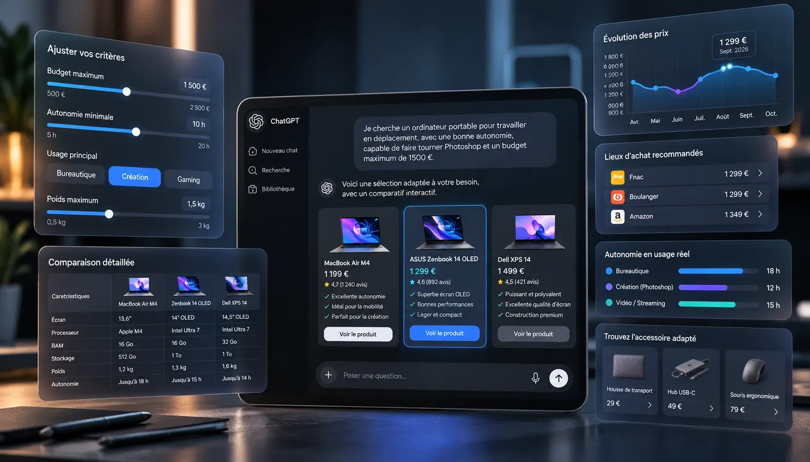 Interface interactive générée par intelligence artificielle dans ChatGPT avec graphiques, comparateurs et contrôles dynamiques