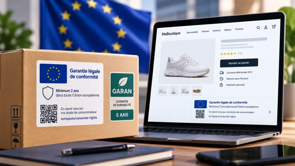Boutique e-commerce affichant la nouvelle notice européenne sur la garantie légale de conformité