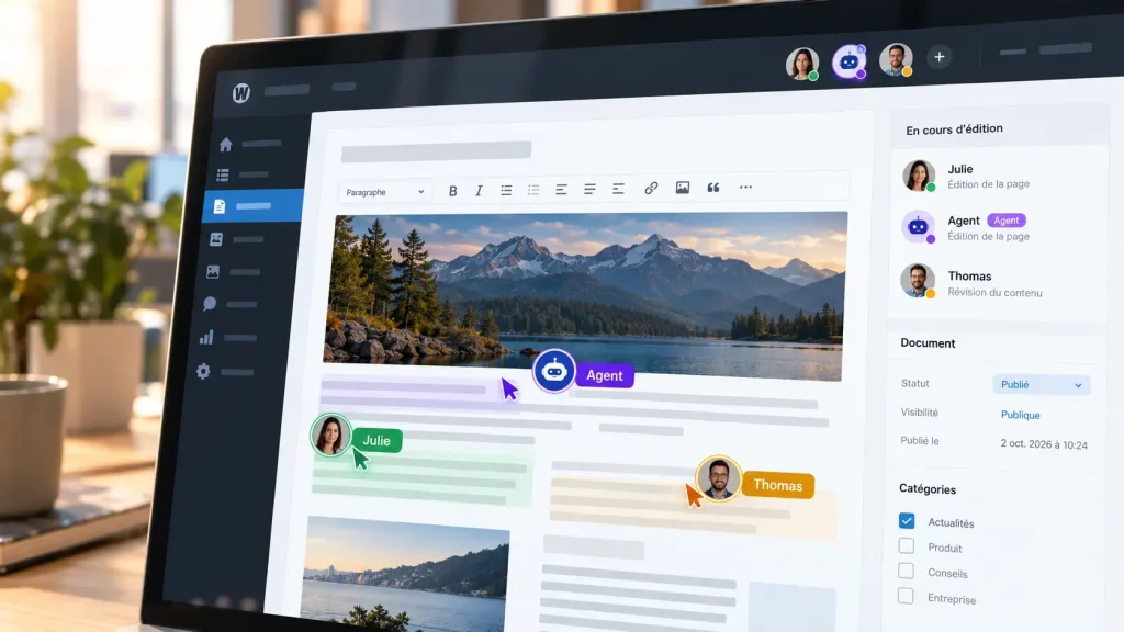 Interface de CMS montrant des collaborateurs humains et un agent IA actifs sur des contenus
